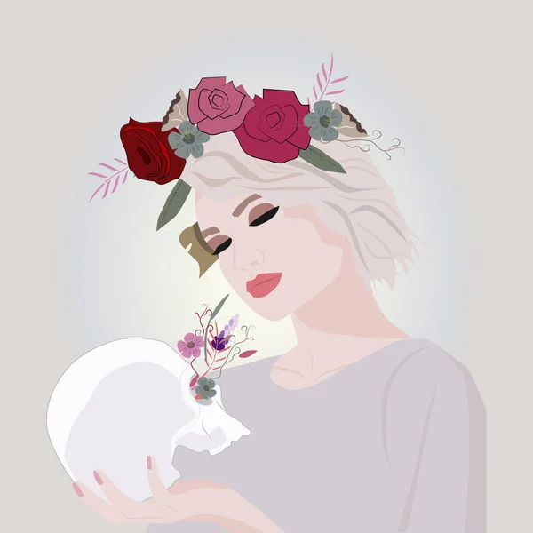 Rgb Vector Illustration Portrait Blonde Girl Flowers Skull — Stock Vector