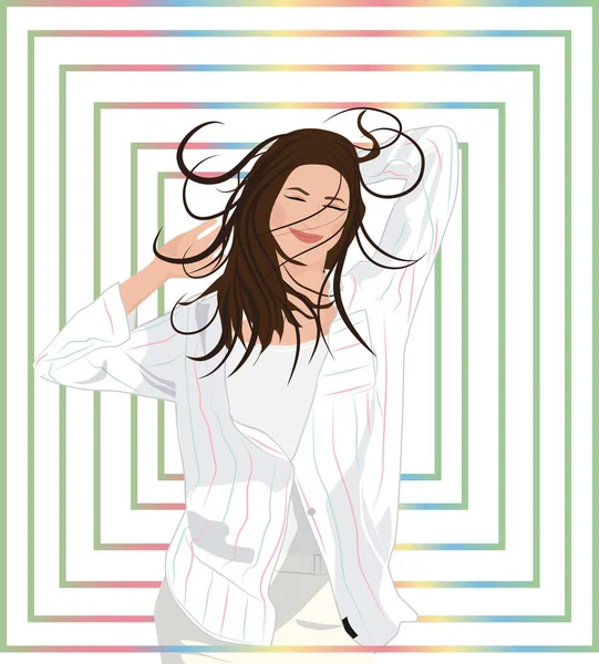 Rgb Cute Young Woman Flowing Hair Vector Illustration Portrait — Stock Vector