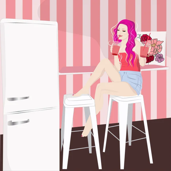 Rgb Young Sexy Woman Pink Hair Drinking Kitchen Cartoon Illustration — Stock Vector