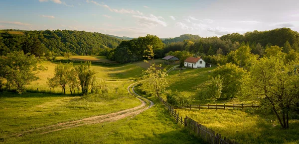 塞尔维亚村庄景观的大全景 塞尔维亚西部山区 农场和小屋在美丽的夏夜在绿色的山谷 中间弯弯曲的尘土飞扬的道路 — 图库照片