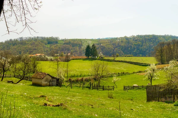 Oude Stal Boerderij Bergdorp Het Voorjaar April Europa — Stockfoto