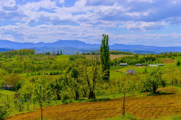 Baharda Manzara Sırbistan Batısındaki Dağ Köyü — Stok fotoğraf