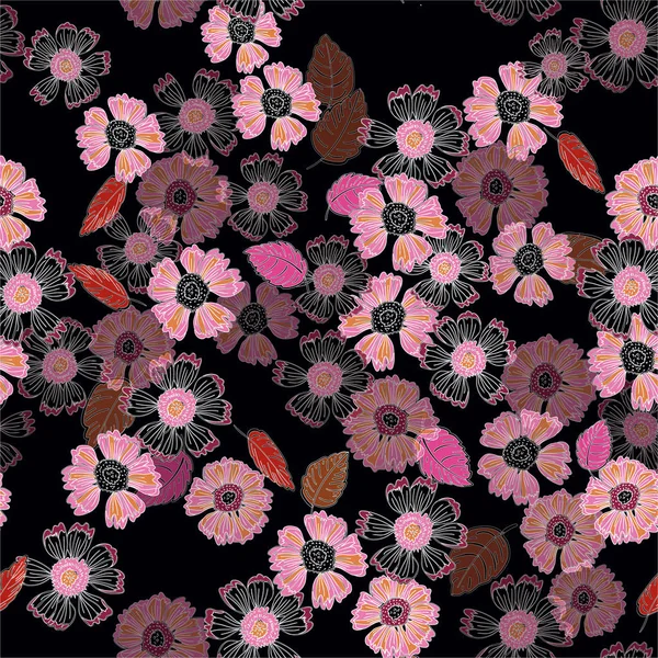 A Moody Floral Repeat Print Pattern in Pink on a Black Background
