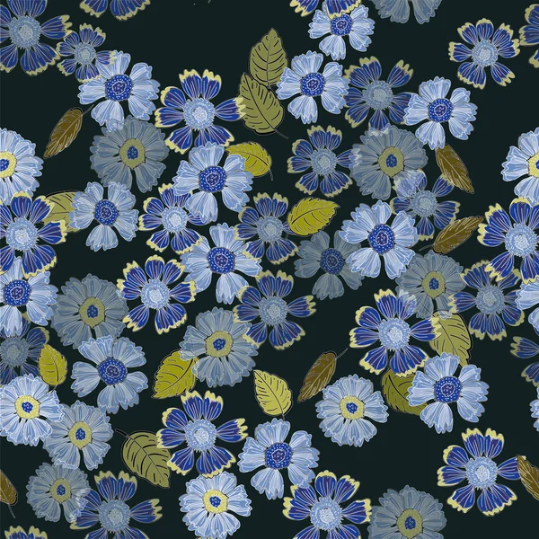 A Floral Repeat Print Pattern of Moody Colours in Periwinkle Blue