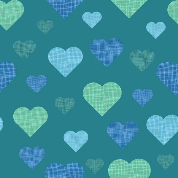 Gestickte blaue und grüne Herzen drucken Rapport-Muster-Vektor — Stockvektor