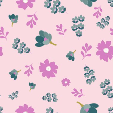 Pembe ve Teal Stilize Çiçek Koleksiyonu Tekrar Desen Vektör Baskı