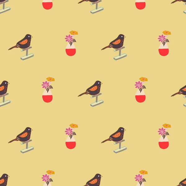 黄色朝リピートパターンコレクションベクトルプリントの鳥と植木鉢 — ストックベクタ