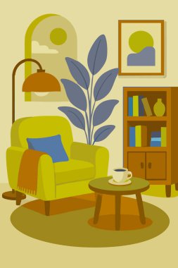 Mid Century Home Cozy Dekorasyon Kol Koltuğu Düz Dekoratif Lamba Kitaplığı Modern Yaşam Tarzı Boho 50 'lerin Tarz Bitki Yazdırma Vektörü İllüstrasyonu. Vektör illüstrasyonu