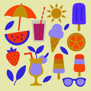 Yaz Renkli Plaj Tatil Dondurması Dondurması Şemsiye Güneş Gözlüğü Tropikal Meyve İksiri Turizm Tatil Vektörü Resimleri İçer. Vektör illüstrasyonu