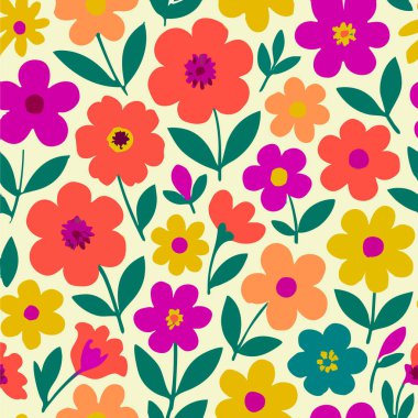 Renkli Çiçek desenli Yaprak Yaprağı Şirin Yaz Doku Doku Tasarım Vektör Grafik Çizimi Pembe Turuncu Yeşil Yazı. Vektör illüstrasyonu