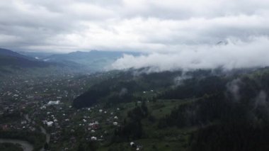 Dağlarda sis var. Karpat Dağları. Ukrayna. Havadan.