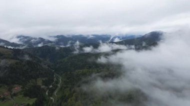 Dağlarda sis var. Karpat Dağları. Ukrayna. Havadan.