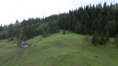 Dağlarda bir ev. Karpatlar. Ukrayna. Havadan.