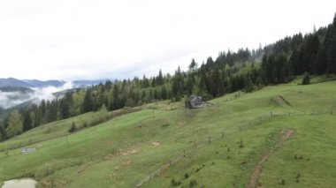 Dağlarda bir ev. Karpatlar. Ukrayna. Havadan.