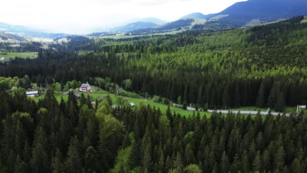 Huis in de bergen. Langzame beweging. Karpaten. Oekraïne. Luchtfoto. — Stockvideo