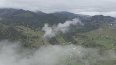 Dağlarda sis var. Ağır çekim. Karpat Dağları. Ukrayna. Havadan. Gri, düz