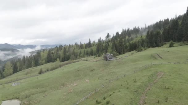 Dağlarda bir ev. Ağır çekim. Karpatlar. Ukrayna. Havadan. Gri, düz — Stok video