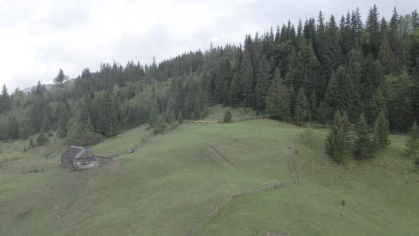 Casa en las montañas. En cámara lenta. Cárpatos. Ucrania. Aérea. Gris, plano — Vídeos de Stock