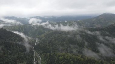Karpat Dağları 'nın manzarası. Ağır çekim. Ukrayna. Havadan. Gri, düz