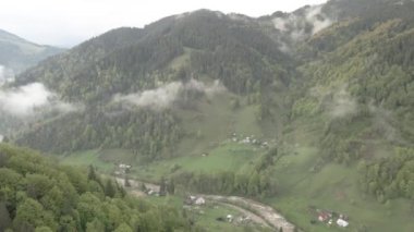 Karpat Dağları 'nın manzarası. Ağır çekim. Ukrayna. Havadan. Gri, düz