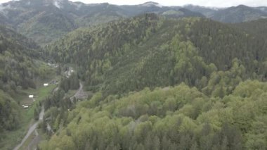 Karpat Dağları 'nın manzarası. Ağır çekim. Ukrayna. Havadan. Gri, düz