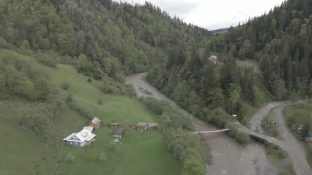 Řeka v horách. Zpomal. Karpaty. Ukrajina. Letecký. Šedá, plochá — Stock video