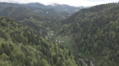 Dağlardaki köy. Ağır çekim. Karpatlar. Ukrayna. Havadan. Gri, düz