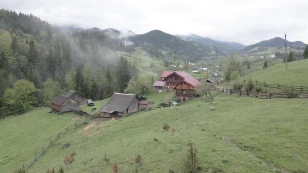Dağlardaki köy. Ağır çekim. Karpatlar. Ukrayna. Havadan. Gri, düz — Stok video