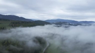 Ukrayna, Karpatlar: Dağlarda sis. Havadan.