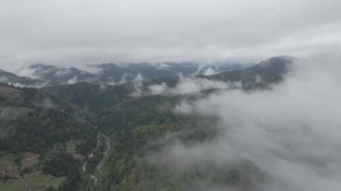 Ukrayna, Karpatlar: Dağlarda sis. Havadan.