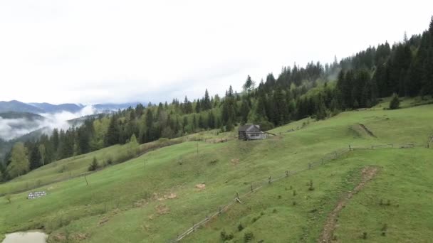 ウクライナ,カルパティア山脈:山の中の家空中. — ストック動画