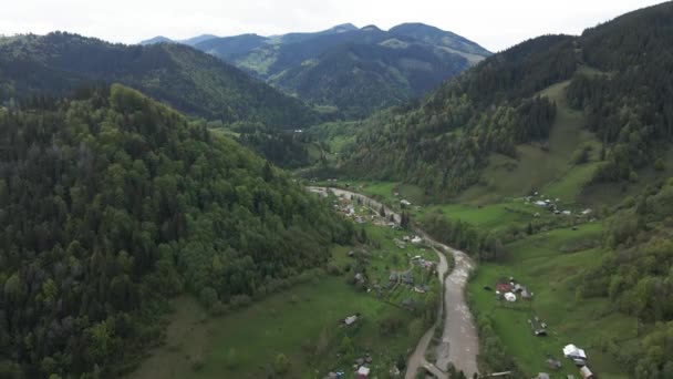 Ukrayna, Karpat Dağları: Dağlardaki Nehir. Havadan. — Stok video