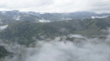 Ukrayna, Karpatlar: Dağlarda sis. Havadan. Gri, düz