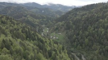 Ukrayna, Karpat Dağları: Dağlardaki köy. Hava, düz, gri