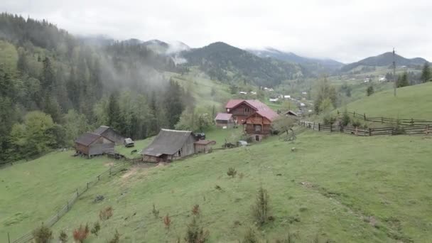 Ucraina, Carpazi: Villaggio sulle montagne. Aerea, piatta, grigia — Video Stock