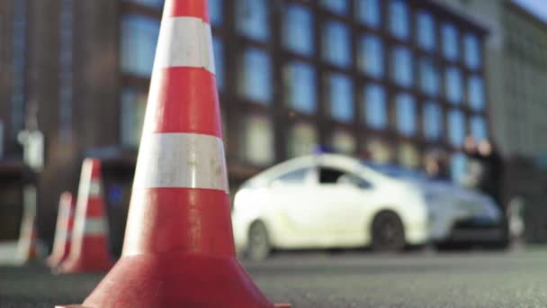 Road traffic : Police cone on the road. Place of accident. Transport. — Stock Video