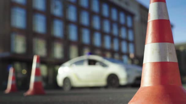 Road traffic : Police cone on the road. Place of accident. Transport. — Stock Video