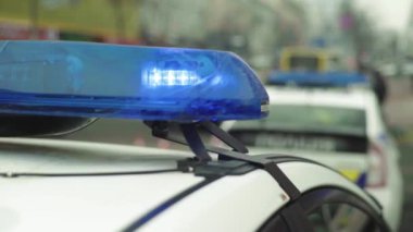 Polis teşhircisi devriye arabasının çatısında yanıp sönüyor.