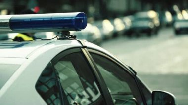 Polis teşhircisi devriye arabasının çatısında yanıp sönüyor.