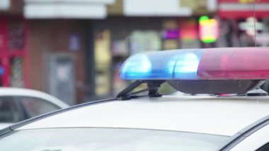 Polis teşhircisi devriye arabasının çatısında yanıp sönüyor.