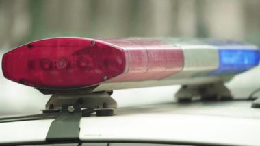 Polis teşhircisi devriye arabasının çatısında yanıp sönüyor.