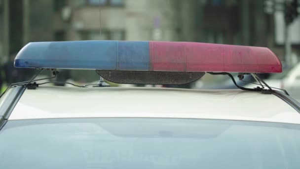 Polis teşhircisi devriye arabasının çatısında yanıp sönüyor. — Stok video