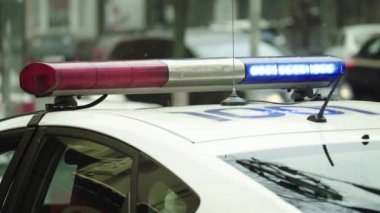 Polis teşhircisi devriye arabasının çatısında yanıp sönüyor.