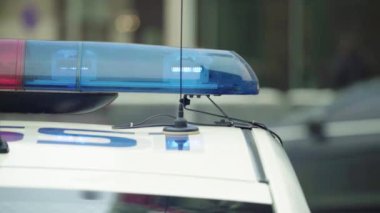 Polis teşhircisi devriye arabasının çatısında yanıp sönüyor.