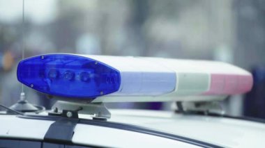Polis teşhircisi devriye arabasının çatısında yanıp sönüyor.