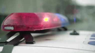Polis teşhircisi devriye arabasının çatısında yanıp sönüyor.