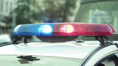 Polis teşhircisi devriye arabasının çatısında yanıp sönüyor.