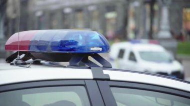 Polis teşhircisi devriye arabasının çatısında yanıp sönüyor.