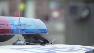 Polis teşhircisi devriye arabasının çatısında yanıp sönüyor.