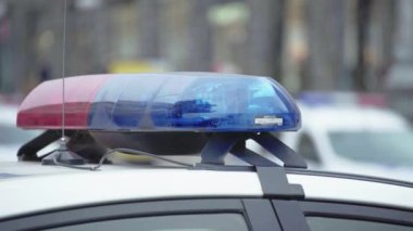 Polis teşhircisi devriye arabasının çatısında yanıp sönüyor.